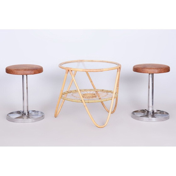 Image 1 of Vintage rotan en glazen bijzettafel door Alan Fuchs voor Uluv, Tsjecho-Slowakije 1940