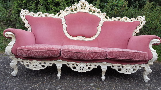 Image 1 of Wit Barok Bankstel Met Roze Bekleding 