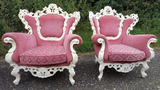 Image 1 of Wit Barok Bankstel Met Roze Bekleding 