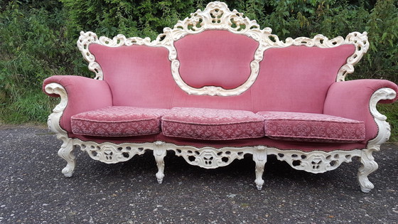 Image 1 of Wit Barok Bankstel Met Roze Bekleding 