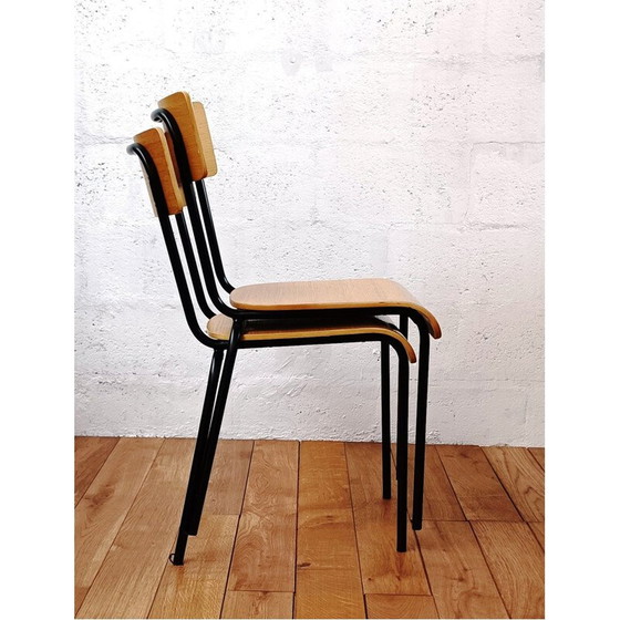 Image 1 of Vintage schoolstoel in hout en zwart metalen onderstel