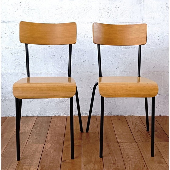 Image 1 of Vintage schoolstoel in hout en zwart metalen onderstel