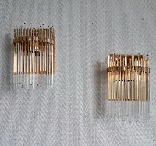 2X messing wandlampen en cascade hangers, Italië 1970