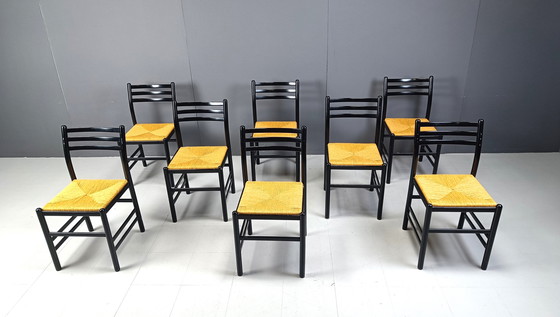 Image 1 of Vintage Italiaanse rieten eetkamerstoelen, jaren 1970 - set van 8