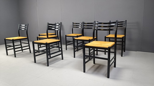 Vintage Italiaanse rieten eetkamerstoelen, jaren 1970 - set van 8