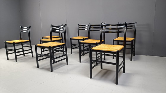 Image 1 of Vintage Italiaanse rieten eetkamerstoelen, jaren 1970 - set van 8