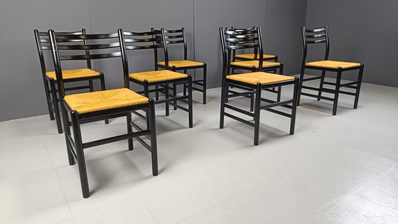 Image 1 of Vintage Italiaanse rieten eetkamerstoelen, jaren 1970 - set van 8