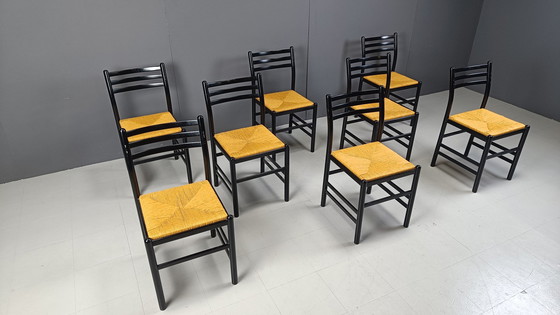 Image 1 of Vintage Italiaanse rieten eetkamerstoelen, jaren 1970 - set van 8