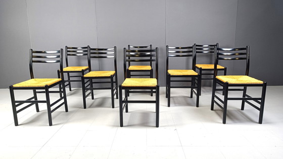 Image 1 of Vintage Italiaanse rieten eetkamerstoelen, jaren 1970 - set van 8