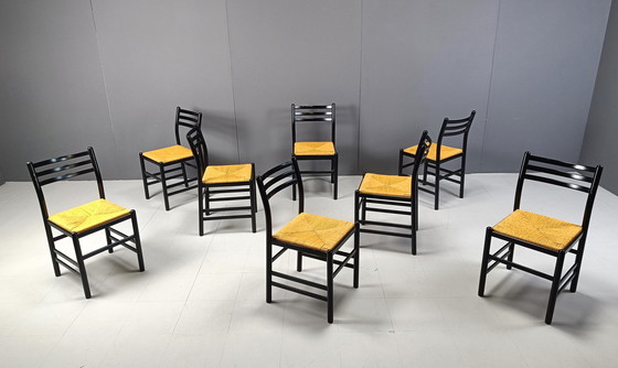 Image 1 of Vintage Italiaanse rieten eetkamerstoelen, jaren 1970 - set van 8