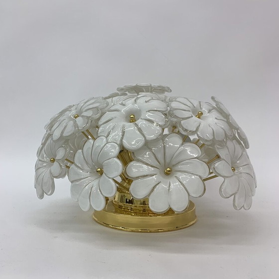 Image 1 of Vintage plafondlamp met bloemen in opaline glas en goud, 1970