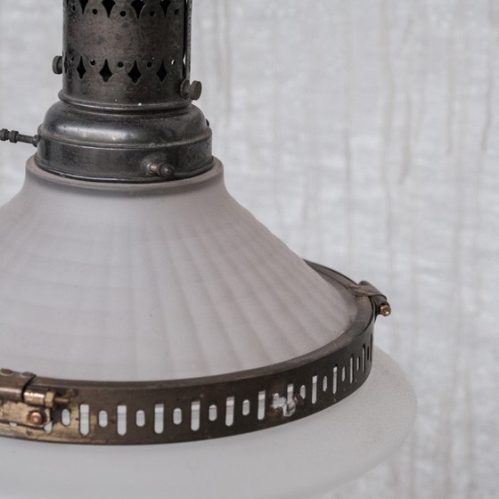 Image 1 of Vintage Franse conische glazen en messing hanglamp, jaren 1920