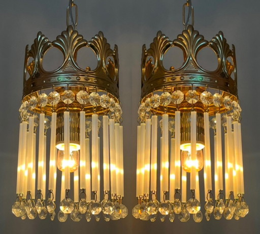 Set Van 2 Vintage Staafjes Opaline Kroonluchters Hanglampen 