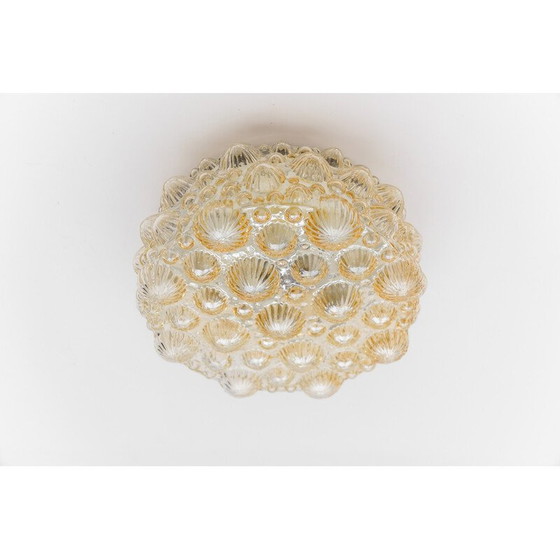 Image 1 of Vintage ronde plafondlamp in ijsglas en metaal in de vorm van een 3D fossiele schelp, 1960