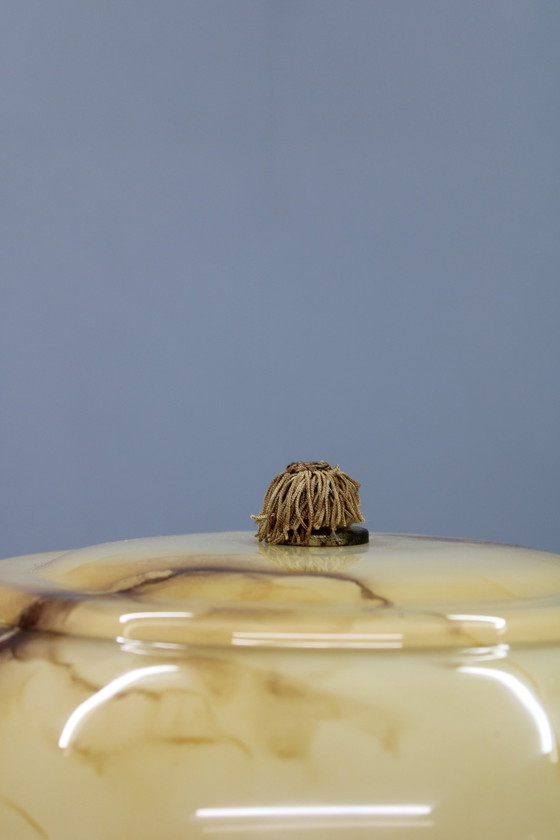 Image 1 of Gerestaureerde messing vloerlamp uit 1940 met glazen kap