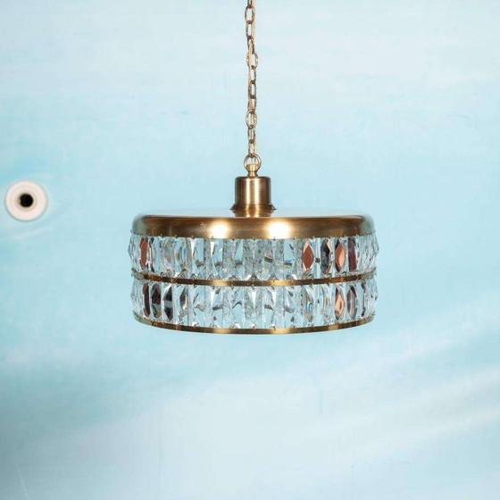 Image 1 of Vintage glazen hanglamp kristal messing, midmod 60s pendant