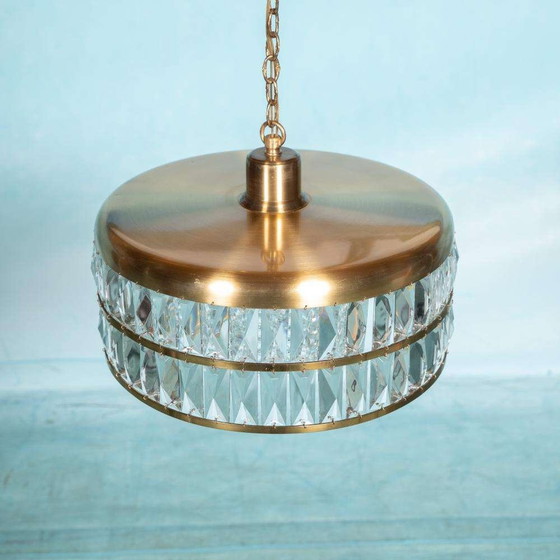 Image 1 of Vintage glazen hanglamp kristal messing, midmod 60s pendant