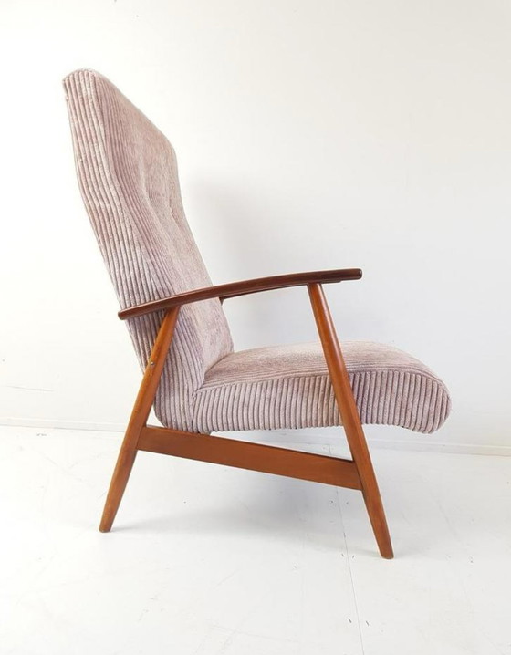 Image 1 of Vintage fauteuil roze | roze ribstof nieuw gestoffeerd teak