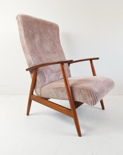 Vintage fauteuil roze | roze ribstof nieuw gestoffeerd teak