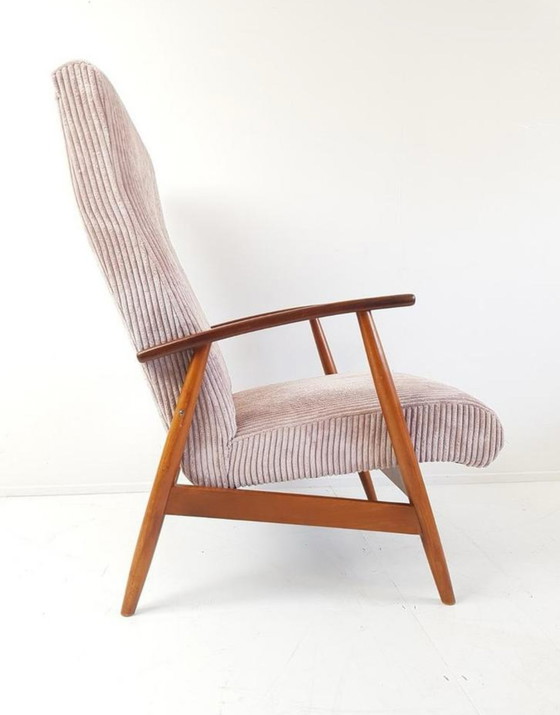 Image 1 of Vintage fauteuil roze | roze ribstof nieuw gestoffeerd teak