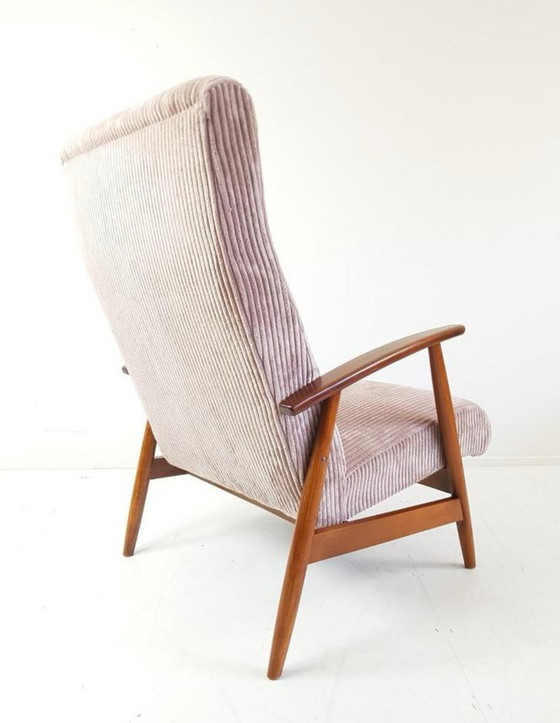 Image 1 of Vintage fauteuil roze | roze ribstof nieuw gestoffeerd teak