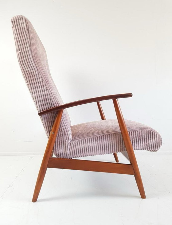 Image 1 of Vintage fauteuil roze | roze ribstof nieuw gestoffeerd teak