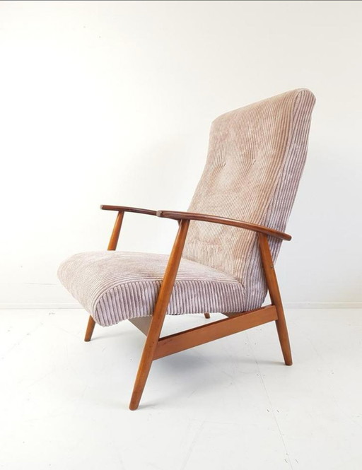 Vintage fauteuil roze | roze ribstof nieuw gestoffeerd teak