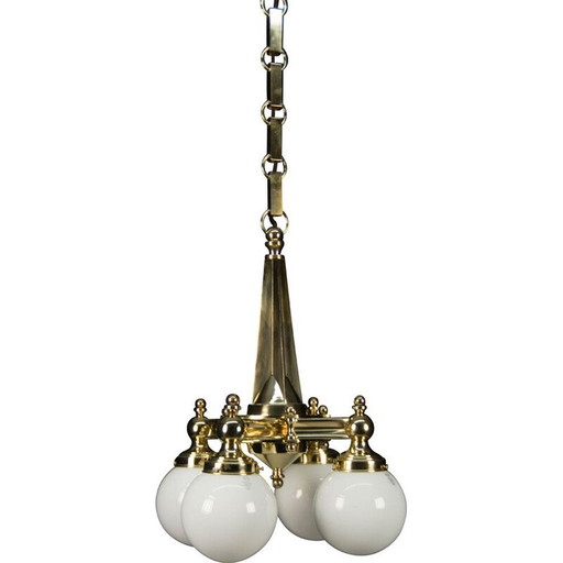 Vintage art deco messing kroonluchter met 4 vlammen, 1920
