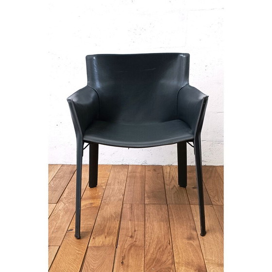 Image 1 of Vintage P90 stoelen in metaal en grijs leer van Giancarlo Vegni voor Fasem