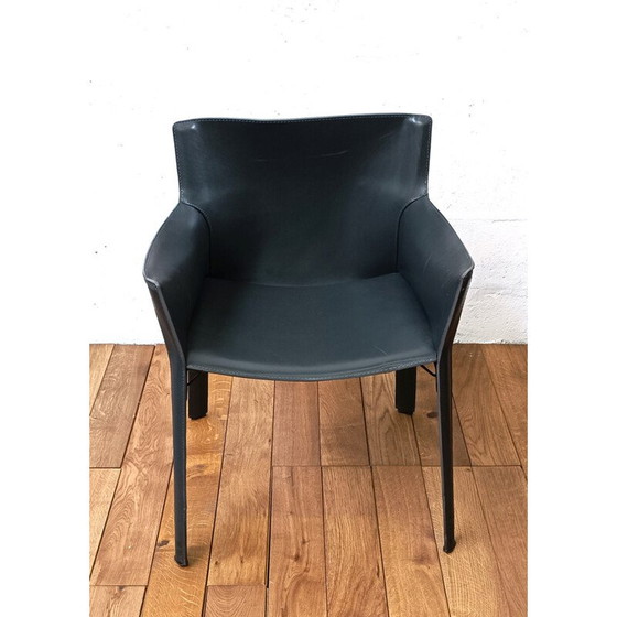 Image 1 of Vintage P90 stoelen in metaal en grijs leer van Giancarlo Vegni voor Fasem