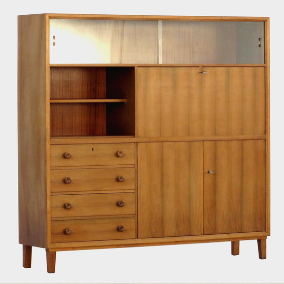 Image 1 of Vintage boekenkast met secretaire bureau klep in walnoot