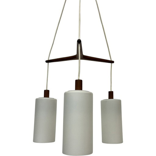 Mid-eeuwse hanglamp in teakhout en opaline glas, 1970