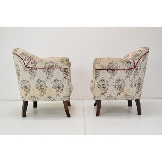 Image 1 of Paar vintage stoffen en houten fauteuils, Tsjecho-Slowakije 1950