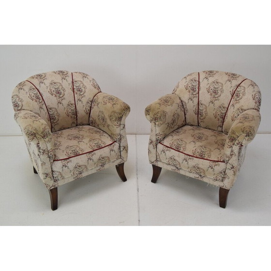Image 1 of Paar vintage stoffen en houten fauteuils, Tsjecho-Slowakije 1950