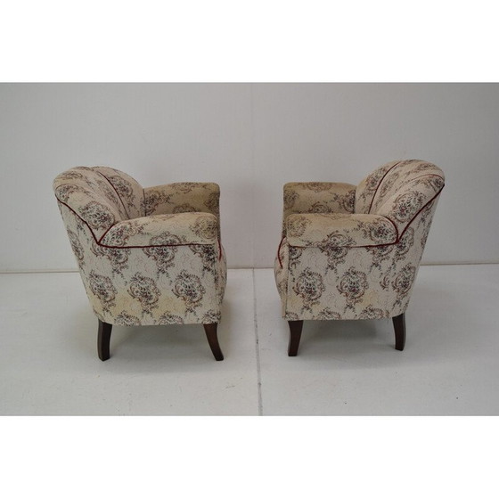 Image 1 of Paar vintage stoffen en houten fauteuils, Tsjecho-Slowakije 1950