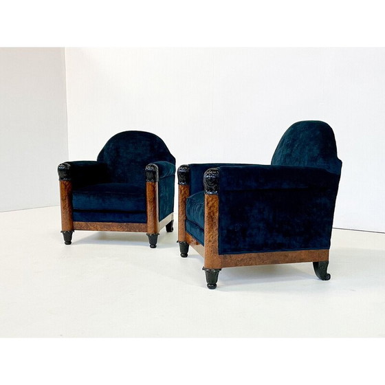 Image 1 of Paar vintage Hongaarse fauteuils in blauw fluweel, jaren 1920