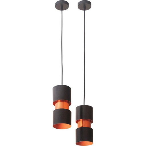 Paar vintage Tubular Duo hanglampen in gelakt metaal en koper van Jo Hammerborg voor Fog & Mørup, Denemarken