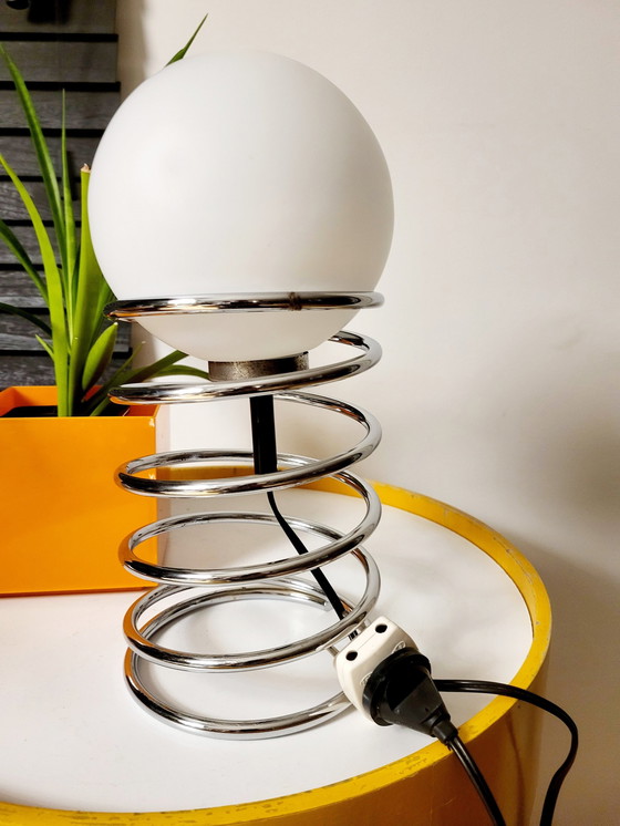 Image 1 of Vintage Spiraal Of Veer Lamp, Woja, Chromé En Opaline Bol, Nederland, Jaren 1970