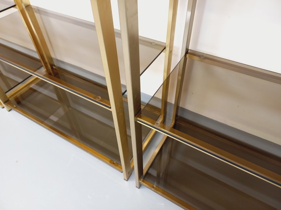 Image 1 of Artelano Vintage boekenkast in verguld metaal en gerookt glas uit de jaren 70, 3 losse onderdelen