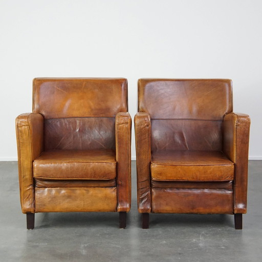 2 X Vintage Schapenleren Armchair