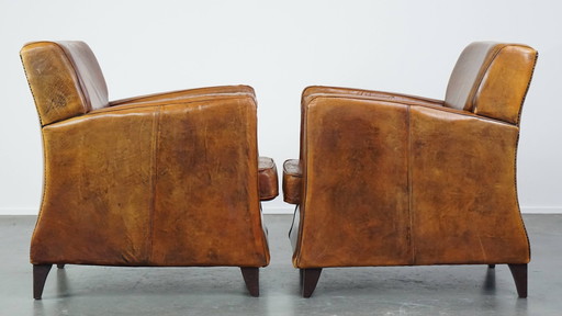 2 X Vintage Schapenleren Armchair