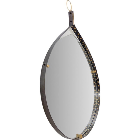 Image 1 of Vintage druppelvormige spiegel van messing en staal, Italië 1970