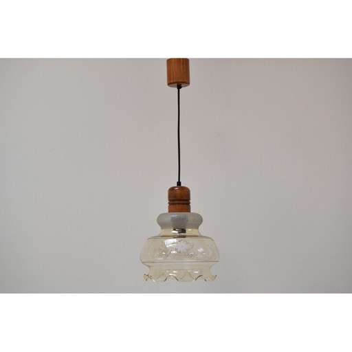 Vintage hanglamp van glas en hout, Tsjechoslowakije 1970
