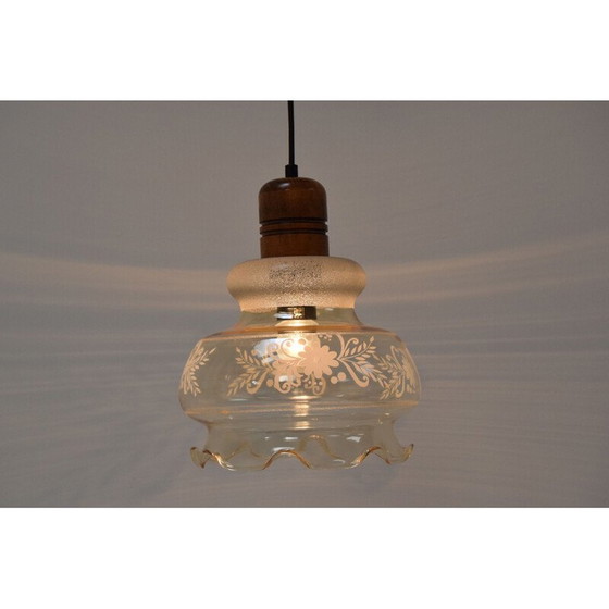 Image 1 of Vintage hanglamp van glas en hout, Tsjechoslowakije 1970