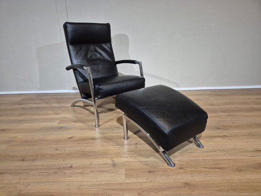 Leolux Helical Fauteuil + Hocker Zwart Leder Design 