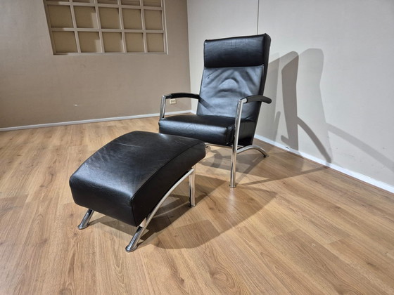 Image 1 of Leolux Helical Fauteuil + Hocker Zwart Leder Design 