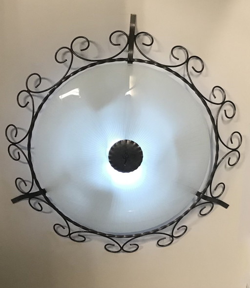 Vintage Smeedijzeren Plafondlamp Met Glazen Schaal