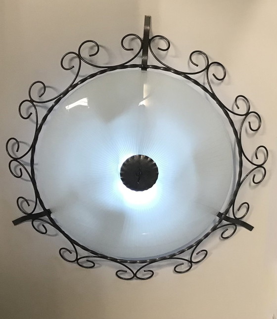 Image 1 of Vintage Smeedijzeren Plafondlamp Met Glazen Schaal