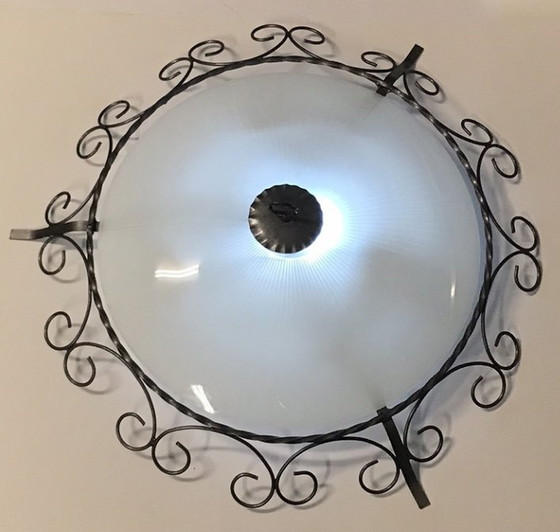 Image 1 of Vintage Smeedijzeren Plafondlamp Met Glazen Schaal