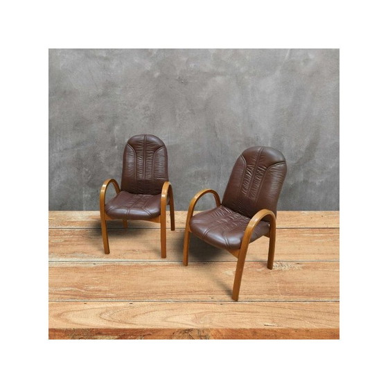 Image 1 of Paar vintage fauteuils van massief eiken en kunstleer, 1970